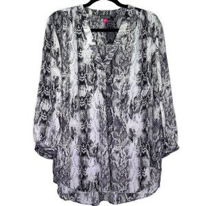 Vince Camuto Top Gray Black & White Snakeskin V-Neck Flowy 3/4 Sleeve Plus Sz 2X